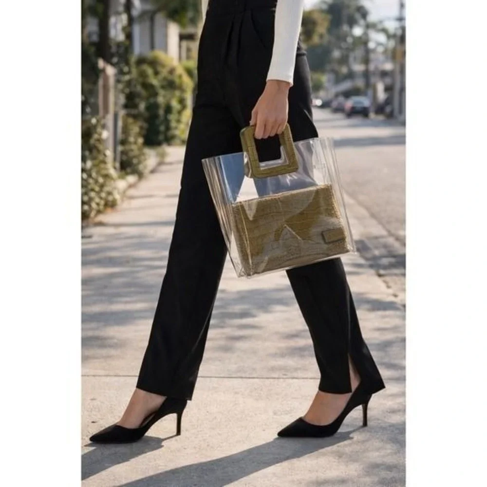 Staud PVC Shirley Tote‎ Bag Women Clear Olive Green Good Croc Embossed Leather